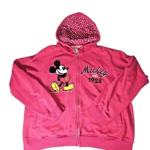 Disney Mickey Mouse Bright Pink Colorful Velvet Patch Zip Up Casual Hoodie 2x